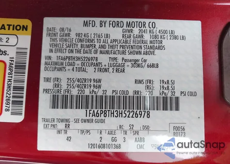 2017 Ford Mustang Ecoboost z USA, uszkodzony, nr VIN 1FA6P8TH3H5226978